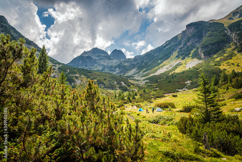 Beautiful mountain scenery and camping tents. Rila mountain , Bulgaria.  © miladrumeva