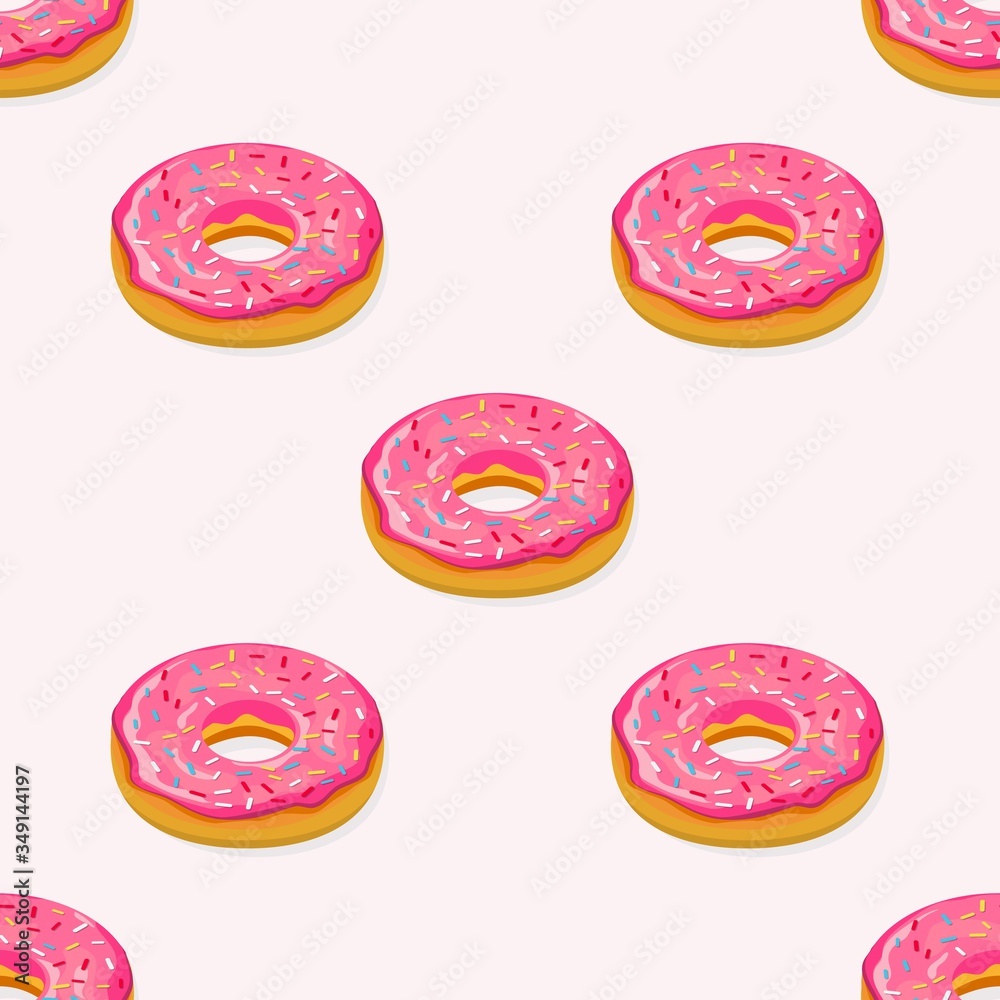 Donuts seamless isometric pattern. Cute sweet food baby background. Colorful design for textile, wallpaper, fabric, decor. Template for design. Vector illustration in flat style