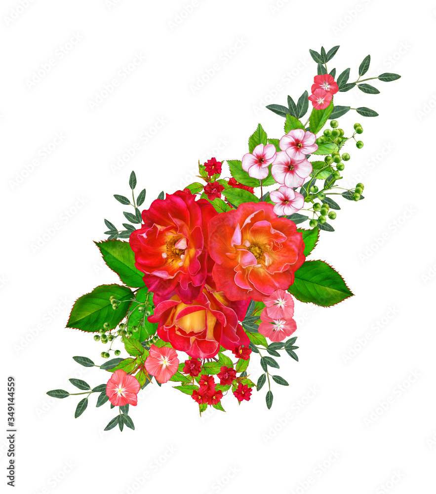 Obraz premium Flower arrangement, red, orange roses, green foliage, clusters of berries, pink primroses, realism, isolated on white background