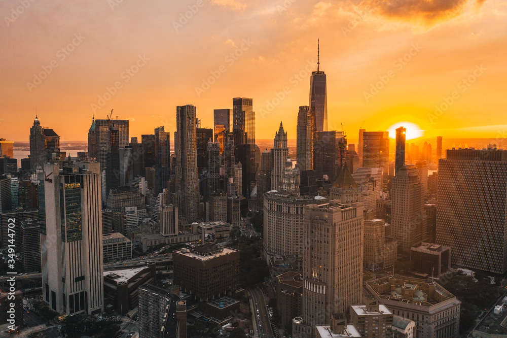 Uptown Manhattan in Golden Hour Sunset Light with Skyline of Skyscrapers Drone Shot