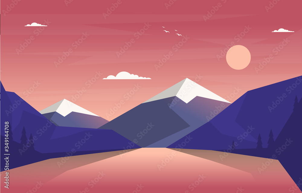 Simple Sunrise Sunset Mountain Forest Wild Nature Landscape Monochrome Illustration