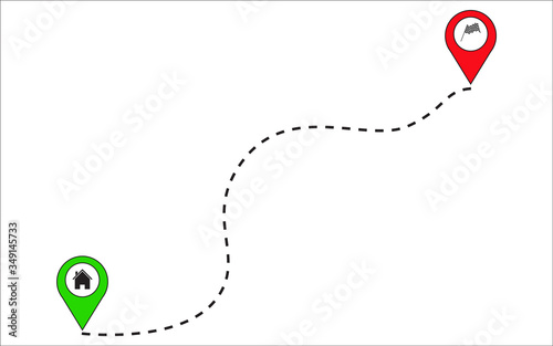 Route between two map pointers. Vector illustration of road from start to finish. Concept of distance and direction of travels. Map pin and track line.