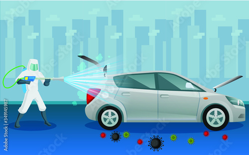 Vehicle sanitize and disinfectant services. Car sanitize for covid 19 disease with proper servicing. Vector illustration car disinfectant.