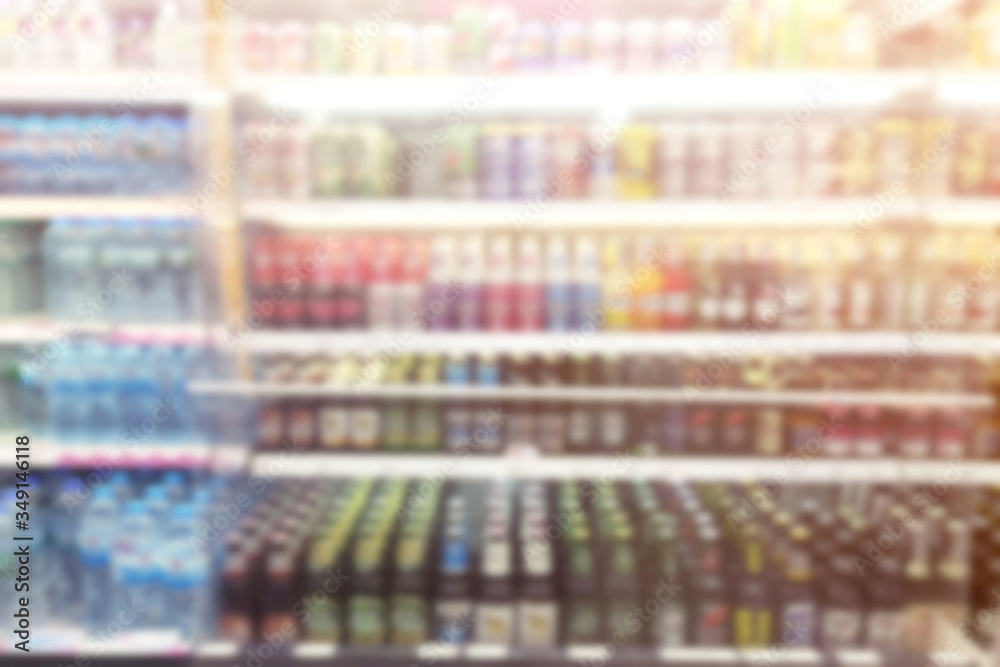 photo blurred  Drink products Beverage soft drink bottles in  supermarket refrigerator Variety of drinks on shelves in convenience store background. blur Leave copy space empty to write text