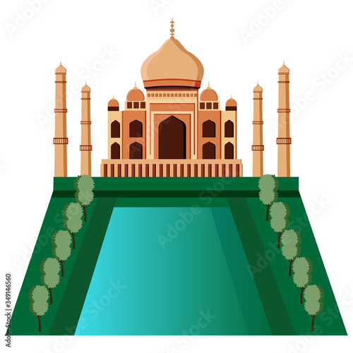 Taj Mahal. A white marble mosque mausoleum located in Agra, India, on the banks of the Yamuna River in Agra.
