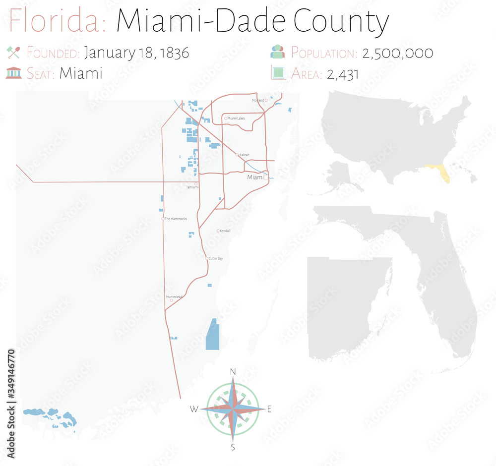 Large and detailed map of Miami-Dade county in Florida, USA.