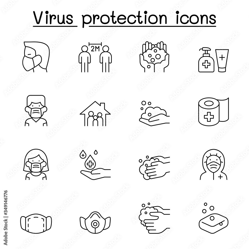 Set of Virus protection line icons. contains such Icons as, social distancing, mask, hand washing, stay home and more. Set of Virus protection line icons. contains such Icons as, social distancing, mask, hand washing, stay home and more.