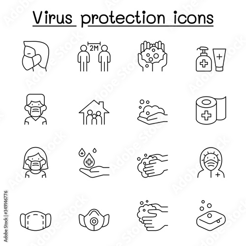 Set of Virus protection line icons. contains such Icons as, social distancing, mask, hand washing, stay home and more.
