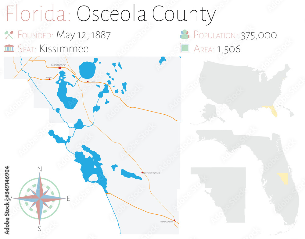 Fototapeta Large and detailed map of Osceola county in Florida, USA.