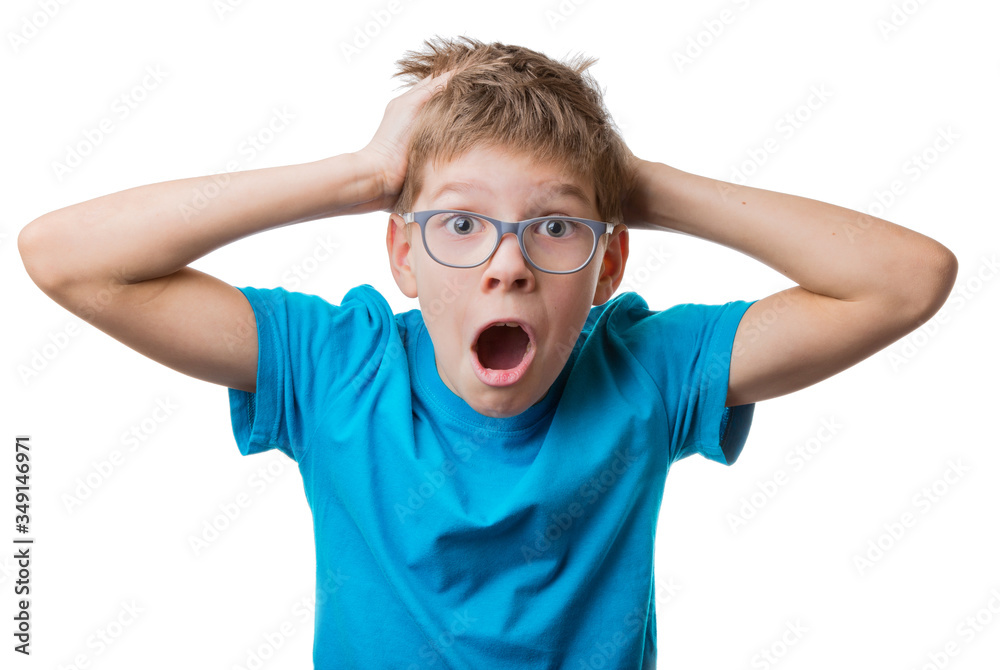 Terrified blond hair boy in glasses clutched at his head and screaming, isolated on white background