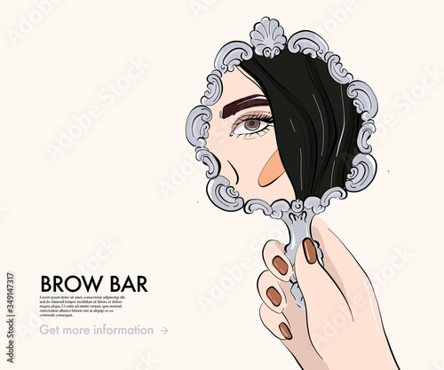 Makeup artist apply eye shadow in mirror. Beautiful woman face, cosmetology cabinet. Perfect skin care, makeup. Makeup detail. Beauty model girl with perfect skin. Nails, manicure advertising vector