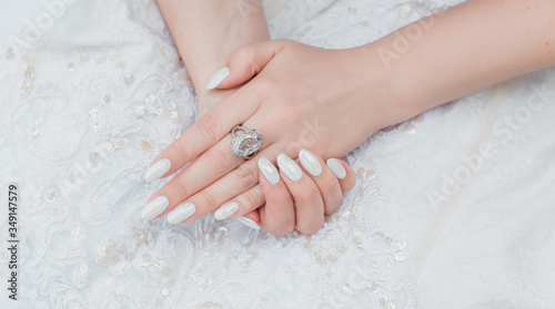 White classical pearl manicure, close up, beauty details