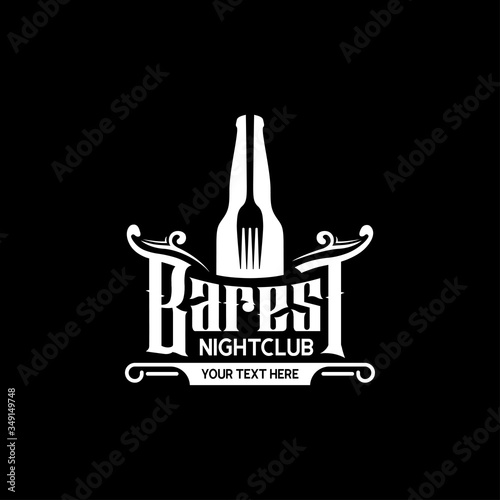 Bottle and fork for vintage retro bar and restaurant logo design vector illustration