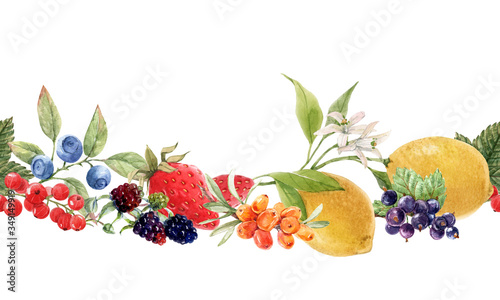 Beautiful seamless berry pattern with watercolor hand drawn fruits paintings. Stock illustration.