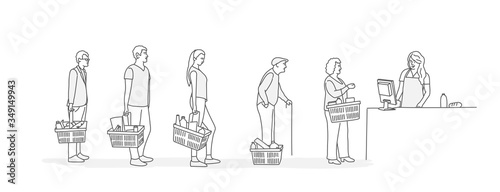 Customers stand in line at grocery or supermarket. Line drawing vector illustration.