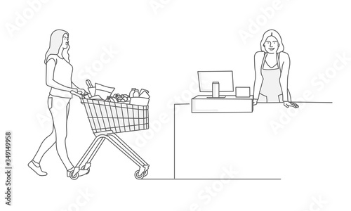 Buyer pushing a shopping cart with groceries. Woman cashier in supermarket. Line drawing vector illustration.
