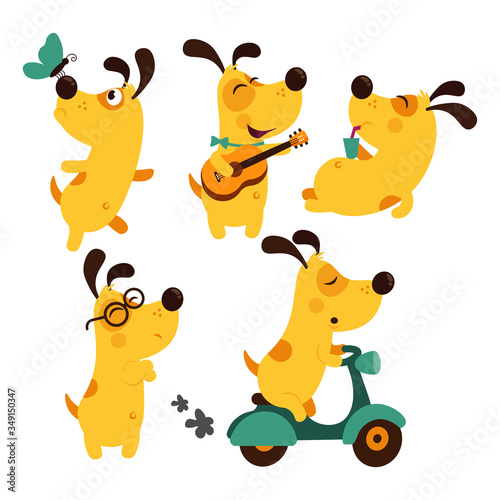 Set of cartoon dog illustration isolated on white background. Puppy Everyday Activities Set