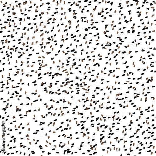 Chia seeds seamless pattern. Black and brown grains isolated on a white background. Vector stock illustration of a healthy diet, superfood, proper food for wallpaper, cards, wrapping paper, menu