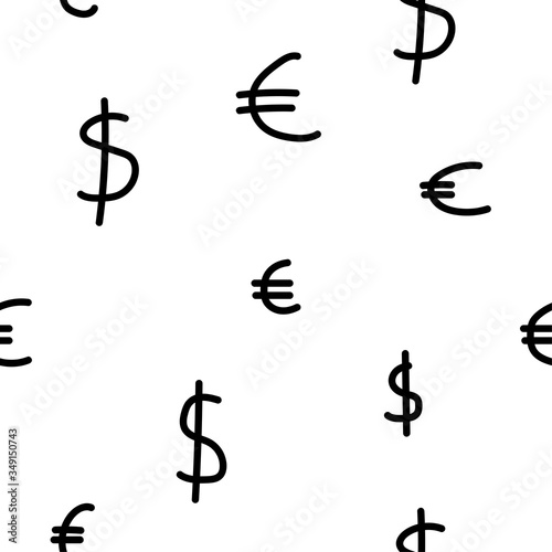 Black and white stock seamless pattern with euro and dollar symbol. Vector background, wallpaper in cute handmade style on the theme of money, business and finance. Illustration for prints, web