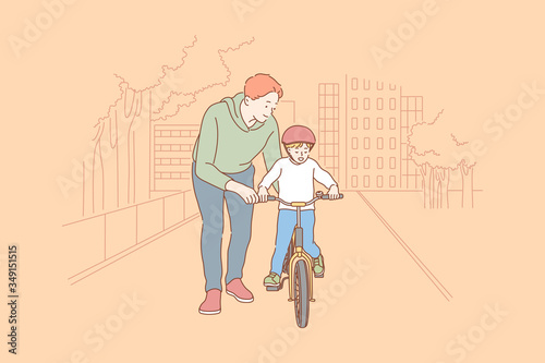 Fatherhood, cycling, childhood, training concept. Cartoon characters young man father teaching boy kid son teenager riding bicycle. Family care fathers day and active summer recreation illustration.