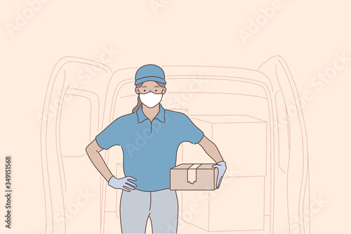 Delivery, quarantine, covid19, coronavirus, infection concept. Young woman or girl suplier cartoon character standing with mail box package looking at camera. Home food delivery on 2019 ncov lockdown.