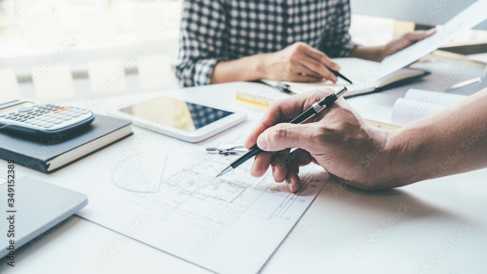Architect Engineer Design Working on Blueprint Planning Concept. Construction Concept Architect Engineer Design Working on Blueprint Planning Concept. Construction Concept