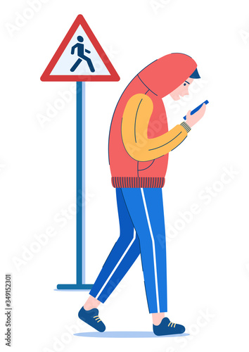 Man crosses road with smartphone in wrong place, under No traffic sign. Pedestrian Safety, Traffic Rules - Isolated illustration on white background. Internet Addiction Disorder Risks concept