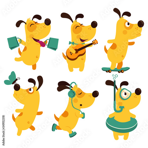 Set of cartoon dog illustration isolated on white background. Puppy Everyday Activities Set