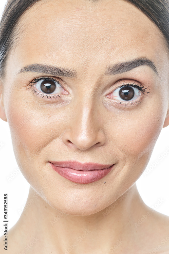 Eye Health And Care. Portrait Of Girl Face With Smooth Healthy Skin And Perfect Natural Makeup. Closeup Of Beautiful Woman With Big Brown Eyes And Eyebrows On White Background. High Resolution Image Eye Health And Care. Portrait Of Girl Face With Smooth Healthy Skin And Perfect Natural Makeup. Closeup Of Beautiful Woman With Big Brown Eyes And Eyebrows On White Background. High Resolution Image