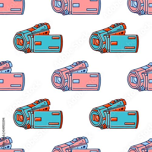Video Camera Seamless Pattern. Blogging Equipment Seamless Pattern. Video Camera Seamless Pattern on white background isolated. Stock Vector Illustration. Hand Drawn Style. 