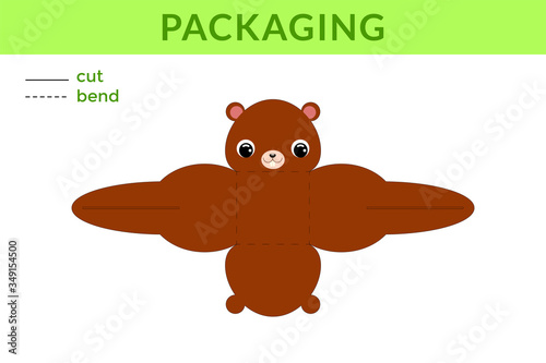 Adorable DIY party favor box for birthdays, baby showers with cute beaver for sweets, candies, small presents, bakery. Printable color scheme. Print, cut out, fold no glue. Vector stock illustration.