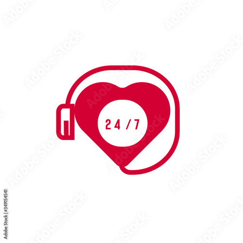 Red heart with 24/7 text vector illustration wearing headphone perfect for heart care hospital logo customer service icon
