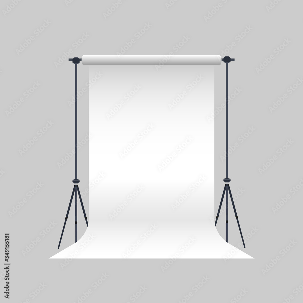 Photo Studio Vector. Blank white canvas background on tripods. Realistic professional photo studio. Photo Studio Vector. Blank white canvas background on tripods. Realistic professional photo studio.