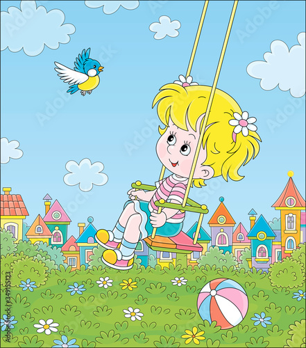 Cheerful little girl swinging with a merry flying birdie on a green playground in a summer park of a small colorful town on a sunny warm day, vector cartoon illustration