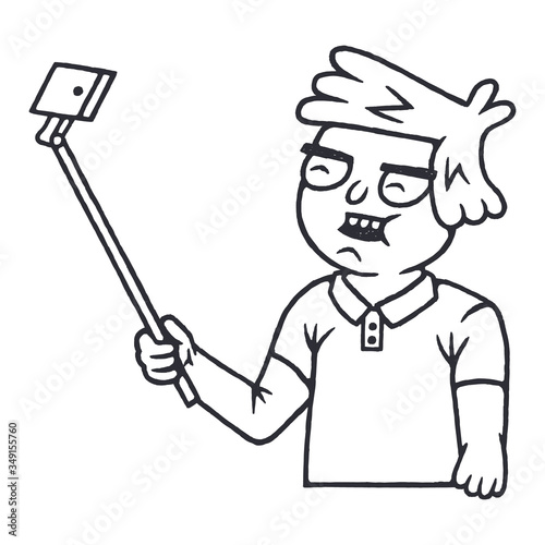Blogger Holds Phone in Hands. Man uses a smartphone to selfie. Online Channel Concept. Blogging, social media communication, attracting followers. White background isolated. Stock Vector Illustration.