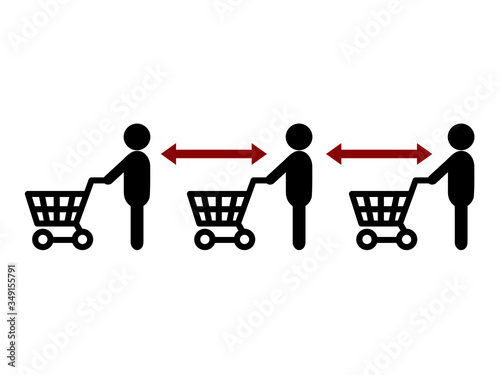 社会的距離を取りながら買い物をする人々