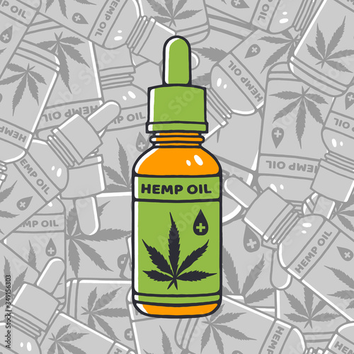 Cannabis oil. Medical marijuana. Hemp oil in a jar. CBD oil hemp products. Oil glass bottle. Stock Vector Illustration.