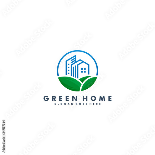 Green home logo design template, house icon vector illustration