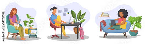 Collection of people working at home. Freelancer, online education or social media concept. Vector illustration.