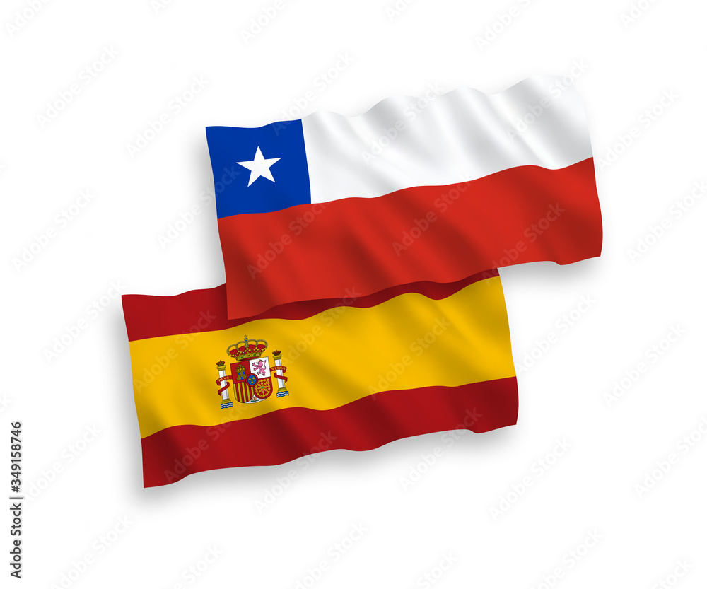 National vector fabric wave flags of Chile and Spain isolated on white background. 1 to 2 proportion. National vector fabric wave flags of Chile and Spain isolated on white background. 1 to 2 proportion.