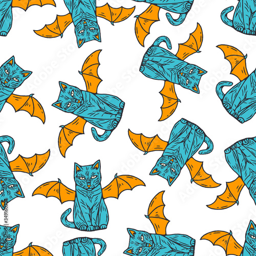  Occult Cat Seamless Pattern. Occult Cat Cartoon Style. Occultism Semless Pattern. Occult Cat on white background isolated. Stock Vector Illustration. Cartoon style.