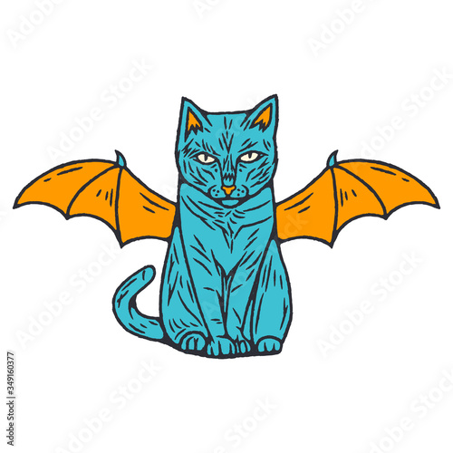 Occult Cat. Bat Cat. Occult Cat Cartoon Style. Occultism. Esoteric Sign Alchemy. Occult Cat on white background isolated. Stock Vector Illustration. Cartoon style.
