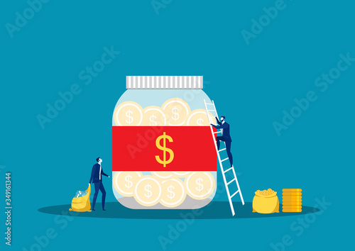 Savings investing money.  jar  bottle bank with money  man take Money. for Jar Making Saving   Vector Illustration