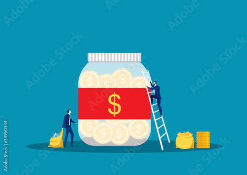 Savings investing money.  jar, bottle bank with money, man take Money. for Jar Making Saving,  Vector Illustration