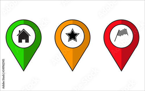 Set of map pointers with pictograms inside. Location multicolor pin map icon symbolising start, intermediate point and meta finish. Vector illustration of localisation indicator.