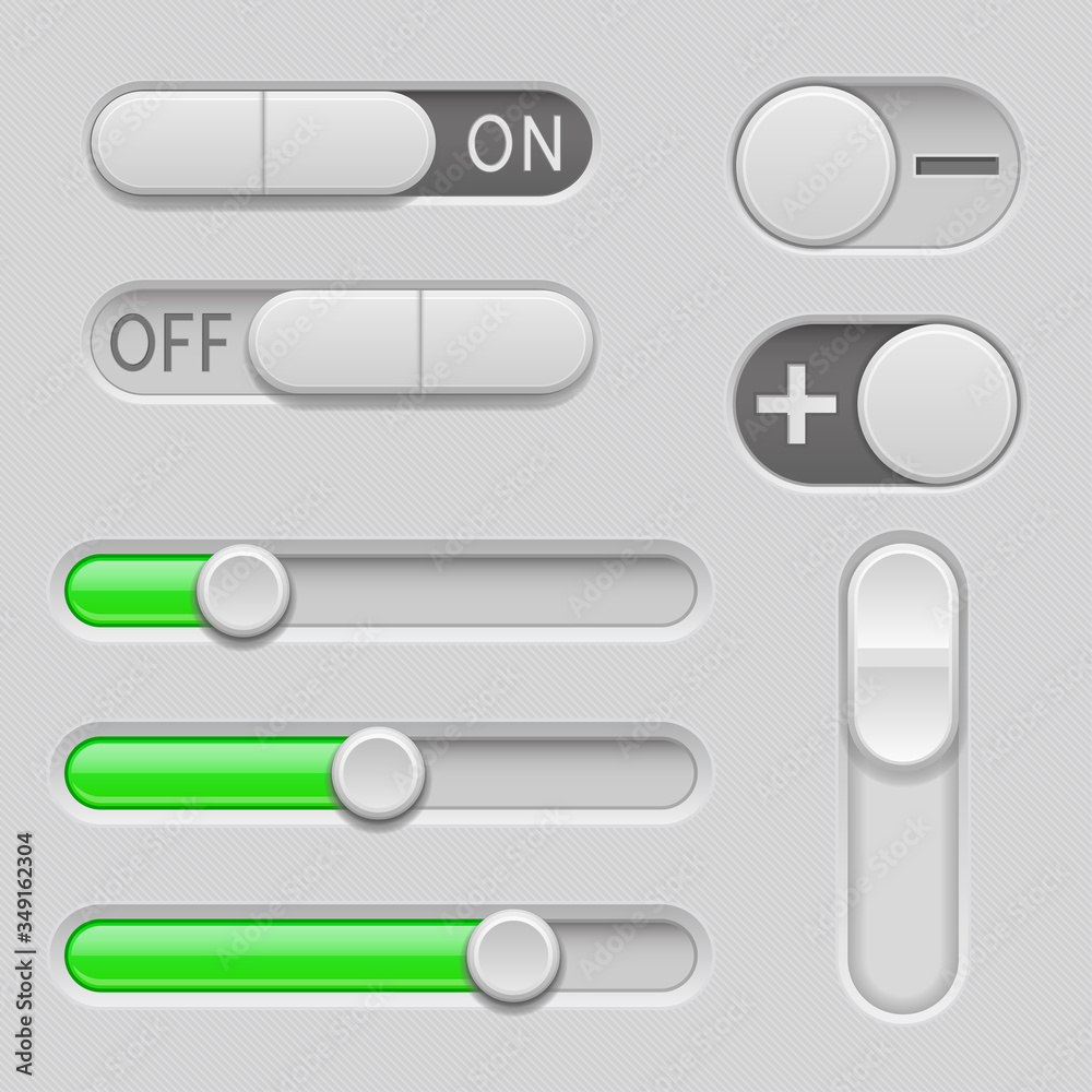 Gray and green web buttons. Push buttons, toglle switch buttons and sliders Gray and green web buttons. Push buttons, toglle switch buttons and sliders
