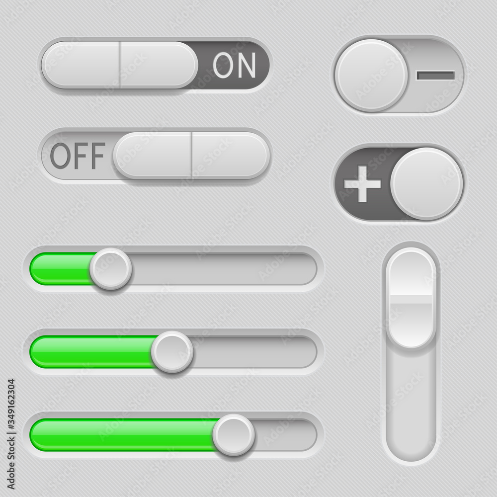 Gray and green web buttons. Push buttons, toglle switch buttons and sliders