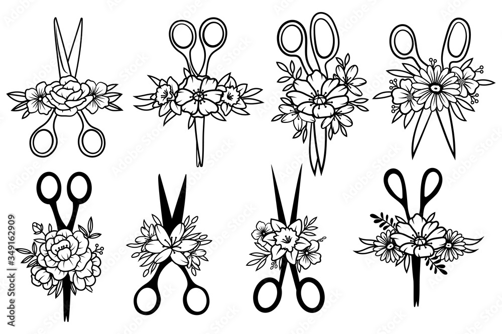 Set of scissors. Collection of scissors with flowers frame. Logo for
