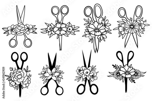 Set of scissors. Collection of scissors with flowers frame. Logo for the salon. Vector illustration for hairdresser. Tattoo.