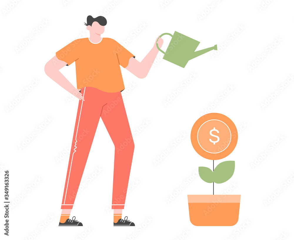 Capital growth, income, business success. Man watering a plant with coins. Vector flat illustration.